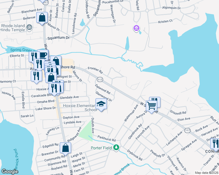 map of restaurants, bars, coffee shops, grocery stores, and more near 243 Rhode Island 117 in Warwick
