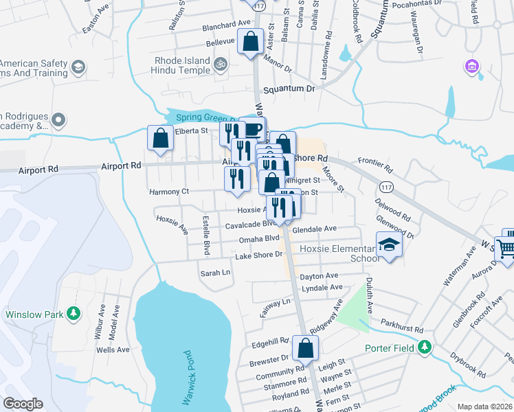 map of restaurants, bars, coffee shops, grocery stores, and more near 33 Hoxsie Avenue in Warwick