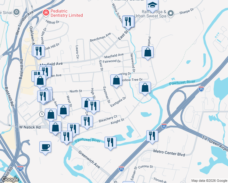 map of restaurants, bars, coffee shops, grocery stores, and more near 25 Eastgate Drive in Warwick