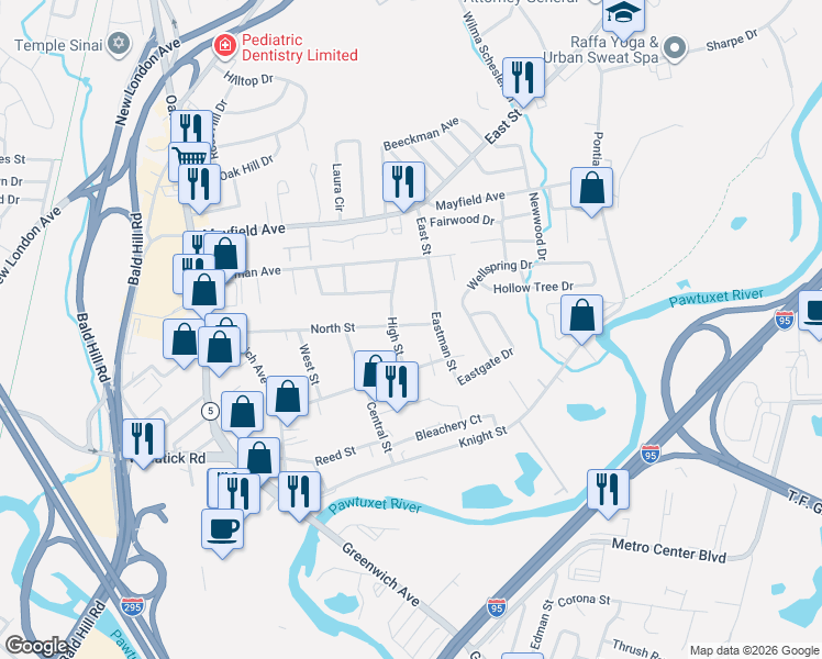 map of restaurants, bars, coffee shops, grocery stores, and more near 27 North Street in Warwick