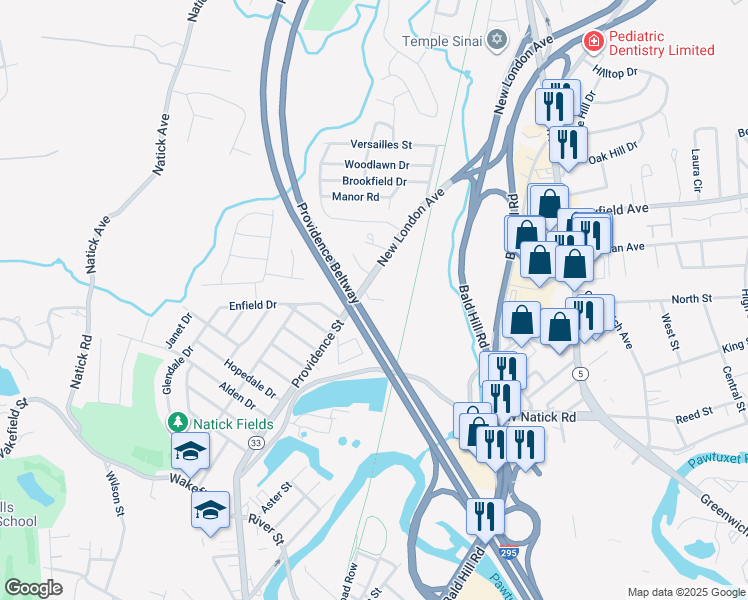 map of restaurants, bars, coffee shops, grocery stores, and more near 1027 Providence Street in West Warwick