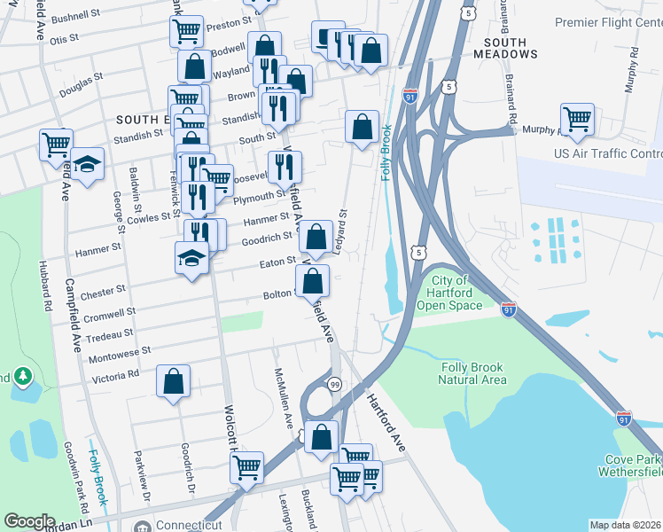 map of restaurants, bars, coffee shops, grocery stores, and more near 910 Wethersfield Avenue in Hartford