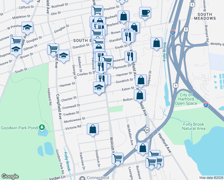 map of restaurants, bars, coffee shops, grocery stores, and more near 22 Eaton Street in Hartford