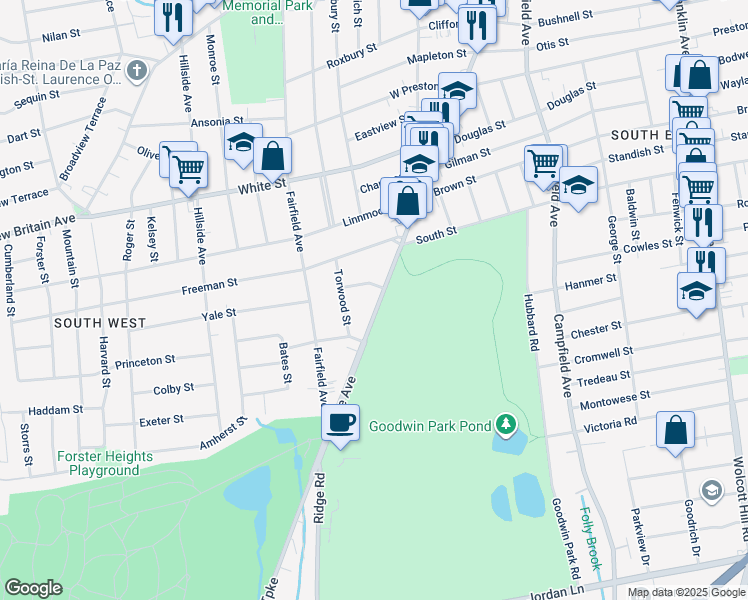 map of restaurants, bars, coffee shops, grocery stores, and more near in Hartford