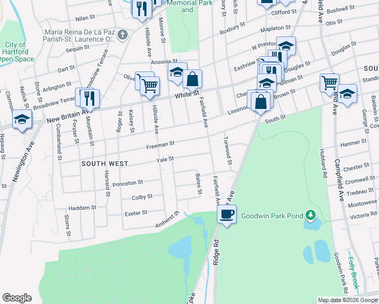 map of restaurants, bars, coffee shops, grocery stores, and more near 24 Yale Street in Hartford