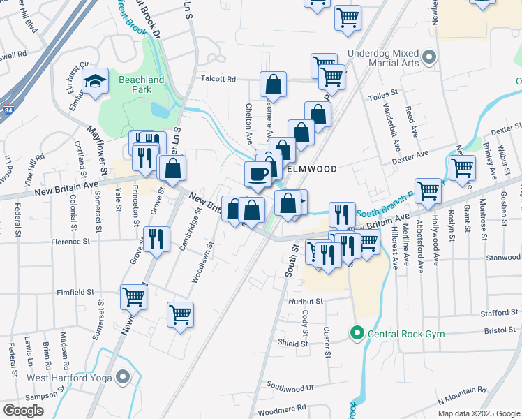 map of restaurants, bars, coffee shops, grocery stores, and more near 637 New Park Avenue in West Hartford