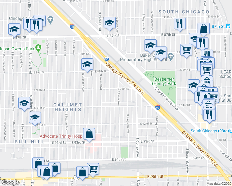 map of restaurants, bars, coffee shops, grocery stores, and more near 9004 South Essex Avenue in Chicago