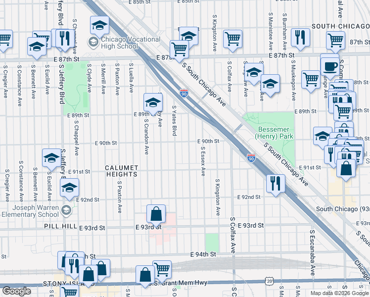 map of restaurants, bars, coffee shops, grocery stores, and more near 9005 South Yates Boulevard in Chicago