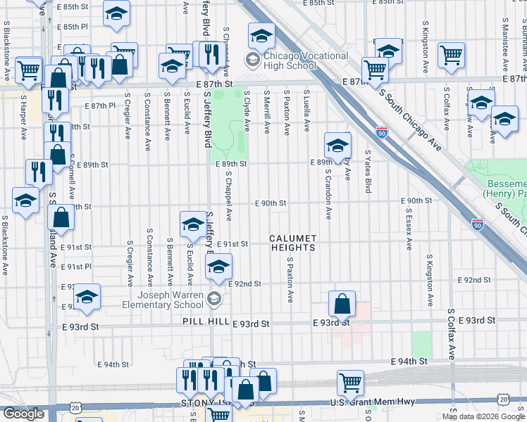 map of restaurants, bars, coffee shops, grocery stores, and more near 9001 South Clyde Avenue in Chicago