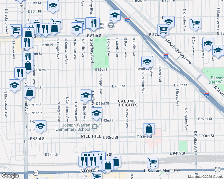 map of restaurants, bars, coffee shops, grocery stores, and more near 9001 South Clyde Avenue in Chicago