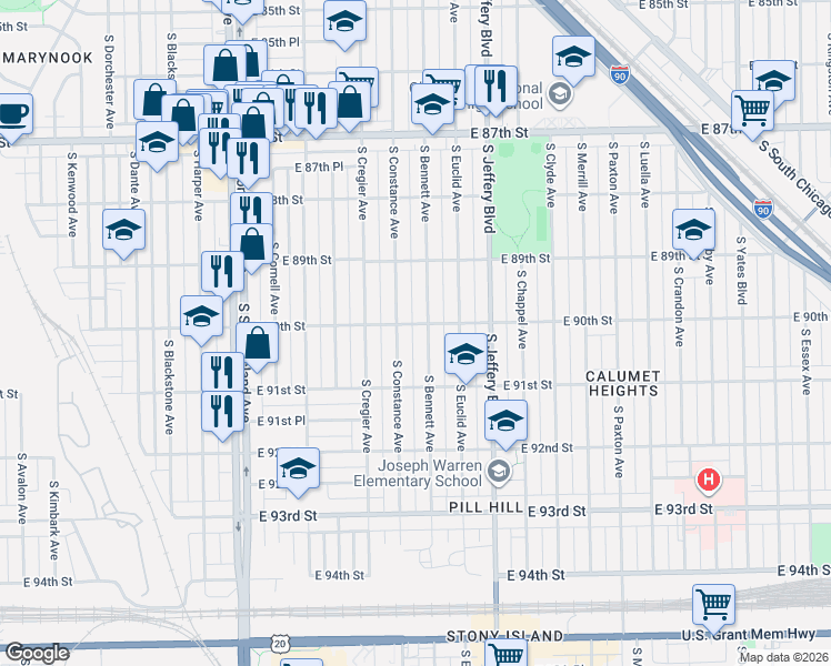 map of restaurants, bars, coffee shops, grocery stores, and more near 8959 South Constance Avenue in Chicago