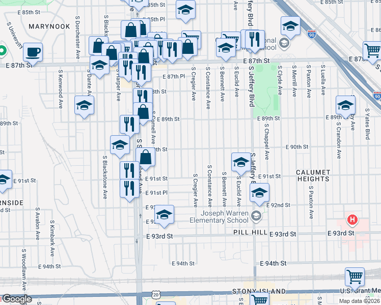 map of restaurants, bars, coffee shops, grocery stores, and more near 9000 South Cregier Avenue in Chicago