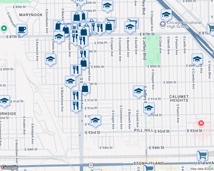 map of restaurants, bars, coffee shops, grocery stores, and more near 8960 South Ridgeland Avenue in Chicago
