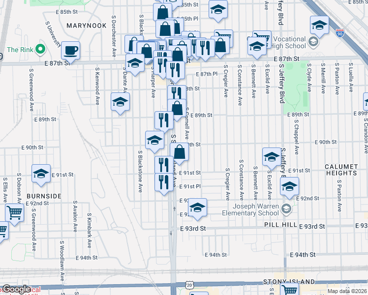 map of restaurants, bars, coffee shops, grocery stores, and more near 8961 South Cornell Avenue in Chicago