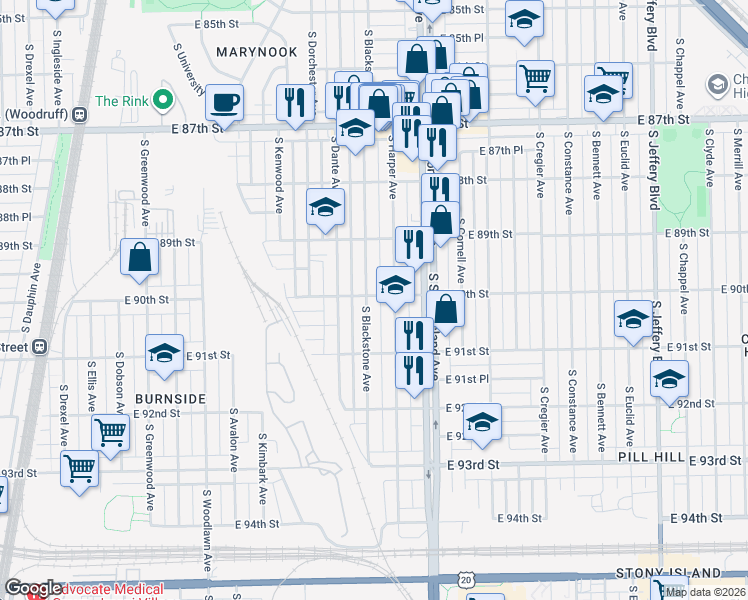map of restaurants, bars, coffee shops, grocery stores, and more near 8949 South Blackstone Avenue in Chicago