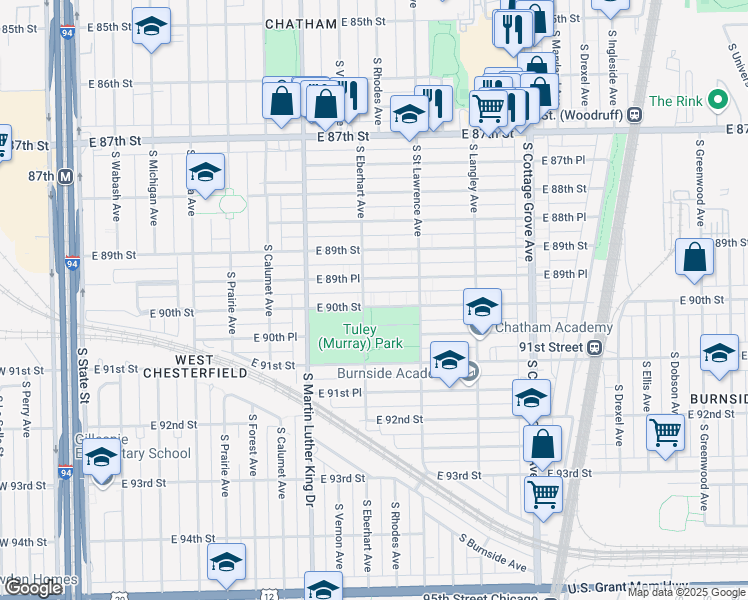 map of restaurants, bars, coffee shops, grocery stores, and more near 8945 South Eberhart Avenue in Chicago