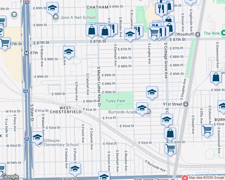 map of restaurants, bars, coffee shops, grocery stores, and more near 8945 South Eberhart Avenue in Chicago