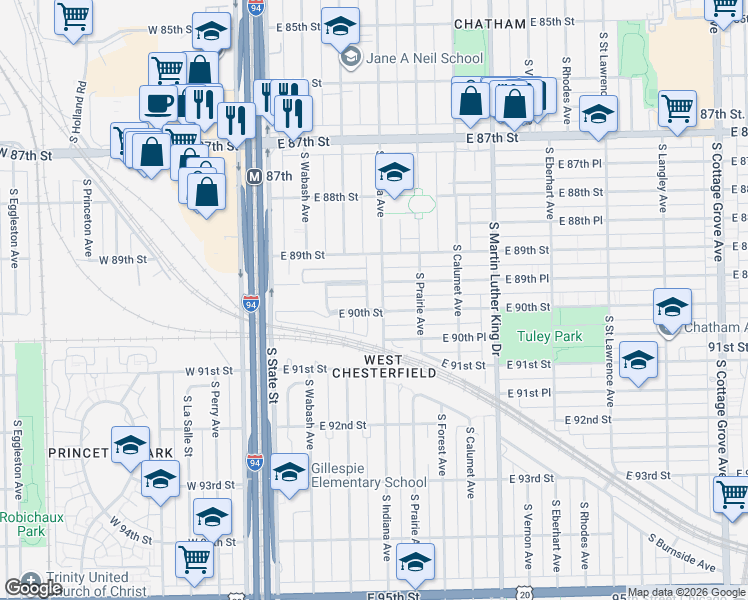 map of restaurants, bars, coffee shops, grocery stores, and more near 8942 South Indiana Avenue in Chicago