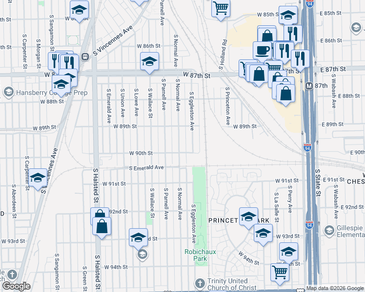 map of restaurants, bars, coffee shops, grocery stores, and more near 8937 South Normal Avenue in Chicago