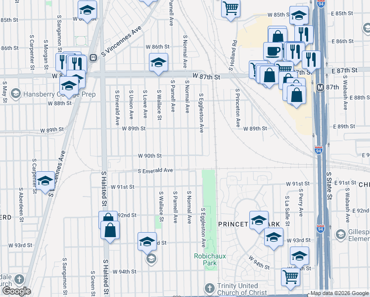 map of restaurants, bars, coffee shops, grocery stores, and more near 8937 South Normal Avenue in Chicago