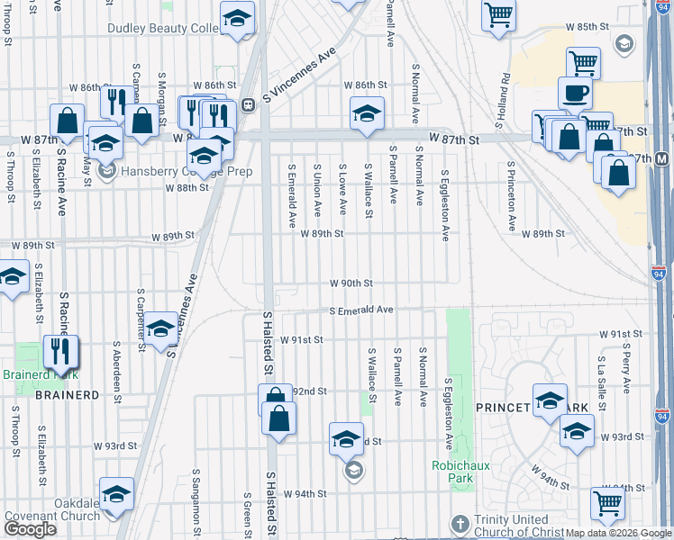 map of restaurants, bars, coffee shops, grocery stores, and more near 8935 South Union Avenue in Chicago