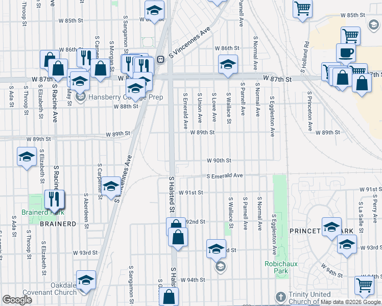 map of restaurants, bars, coffee shops, grocery stores, and more near 8935 South Emerald Avenue in Chicago