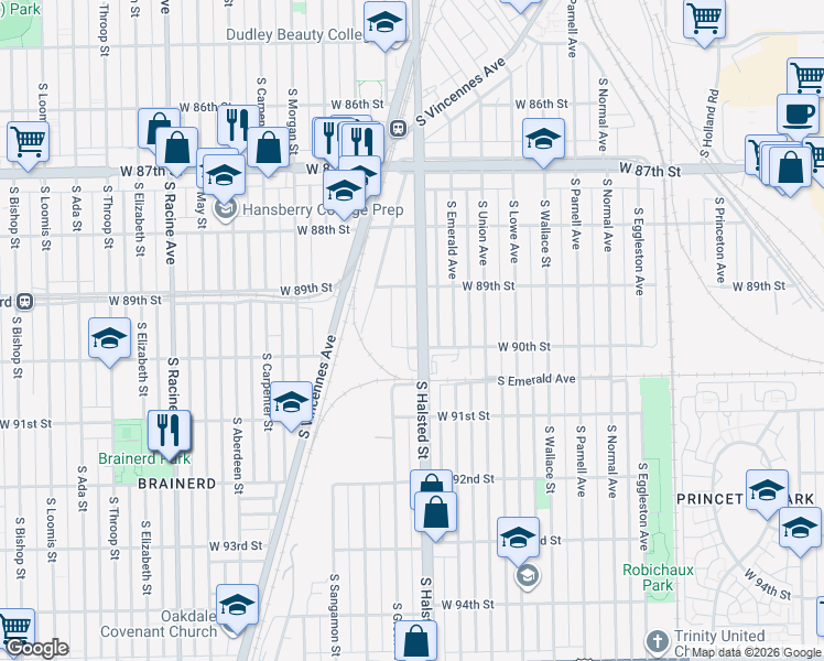 map of restaurants, bars, coffee shops, grocery stores, and more near 8935 South Halsted Street in Chicago