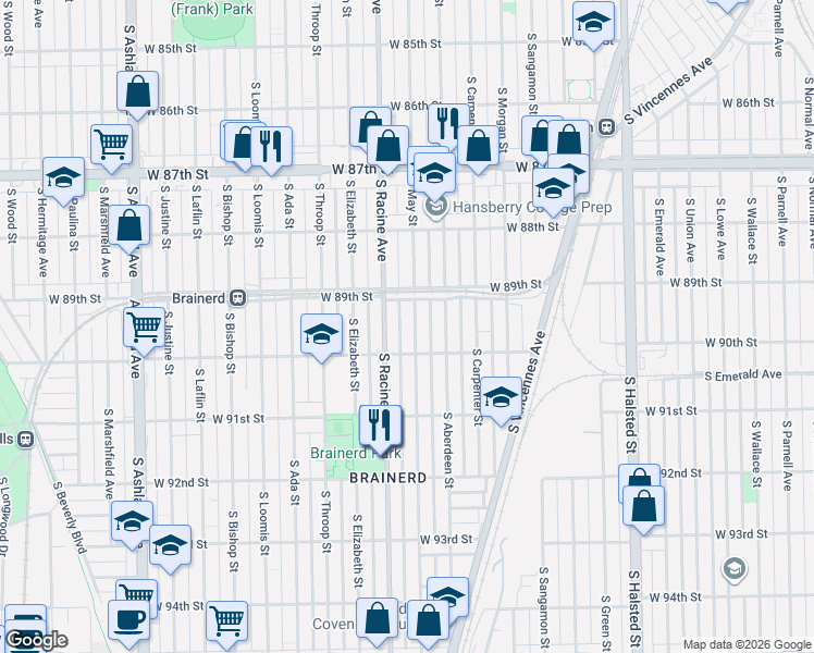 map of restaurants, bars, coffee shops, grocery stores, and more near 8924 South May Street in Chicago
