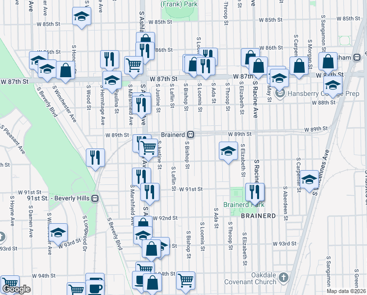 map of restaurants, bars, coffee shops, grocery stores, and more near 8919 South Laflin Street in Chicago