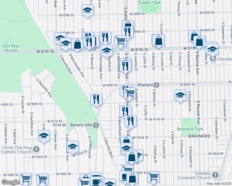 map of restaurants, bars, coffee shops, grocery stores, and more near 8914 South Marshfield Avenue in Chicago
