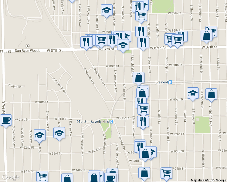 map of restaurants, bars, coffee shops, grocery stores, and more near 8919 South Winchester Avenue in Chicago