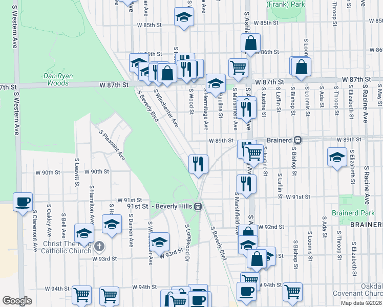 map of restaurants, bars, coffee shops, grocery stores, and more near 8919 South Winchester Avenue in Chicago