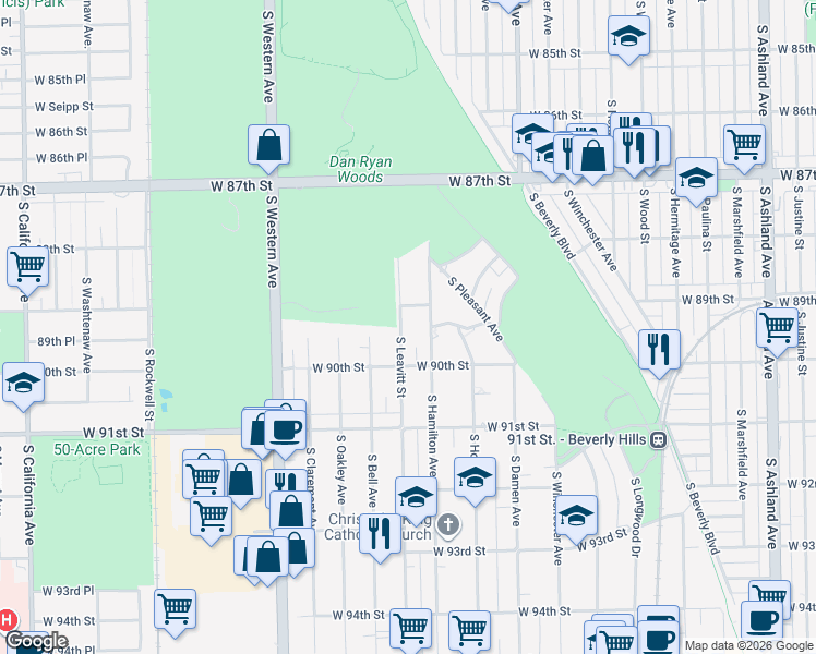 map of restaurants, bars, coffee shops, grocery stores, and more near 8918 South Hamilton Avenue in Chicago