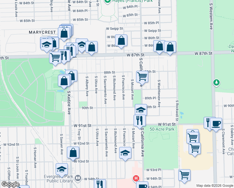 map of restaurants, bars, coffee shops, grocery stores, and more near 8906 South Richmond Avenue in Evergreen Park