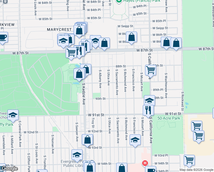 map of restaurants, bars, coffee shops, grocery stores, and more near 8900 South Utica Avenue in Evergreen Park