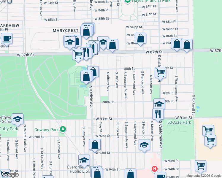 map of restaurants, bars, coffee shops, grocery stores, and more near 8900 South Utica Avenue in Evergreen Park