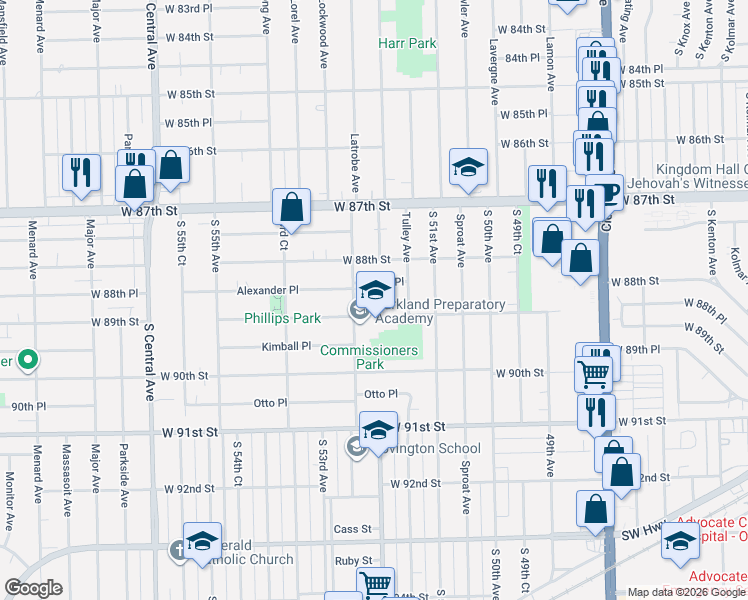 map of restaurants, bars, coffee shops, grocery stores, and more near 8835 South 52nd Avenue in Oak Lawn
