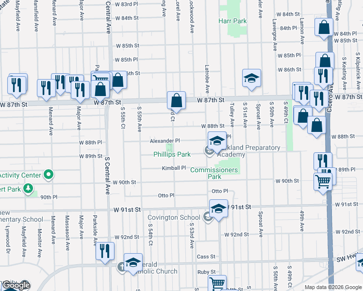 map of restaurants, bars, coffee shops, grocery stores, and more near 5329 Alexander Place in Oak Lawn