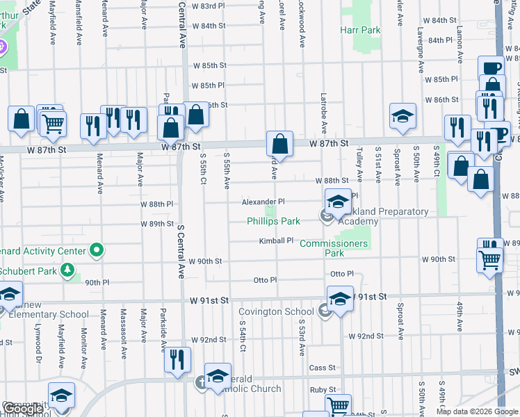 map of restaurants, bars, coffee shops, grocery stores, and more near 5373 Alexander Place in Oak Lawn