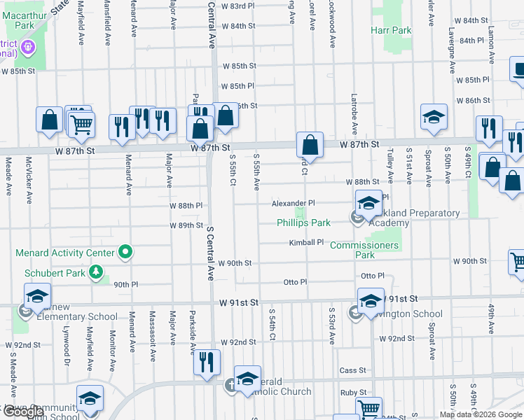 map of restaurants, bars, coffee shops, grocery stores, and more near 5424 Alexander Place in Oak Lawn
