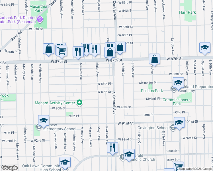 map of restaurants, bars, coffee shops, grocery stores, and more near 5614 West 88th Place in Oak Lawn