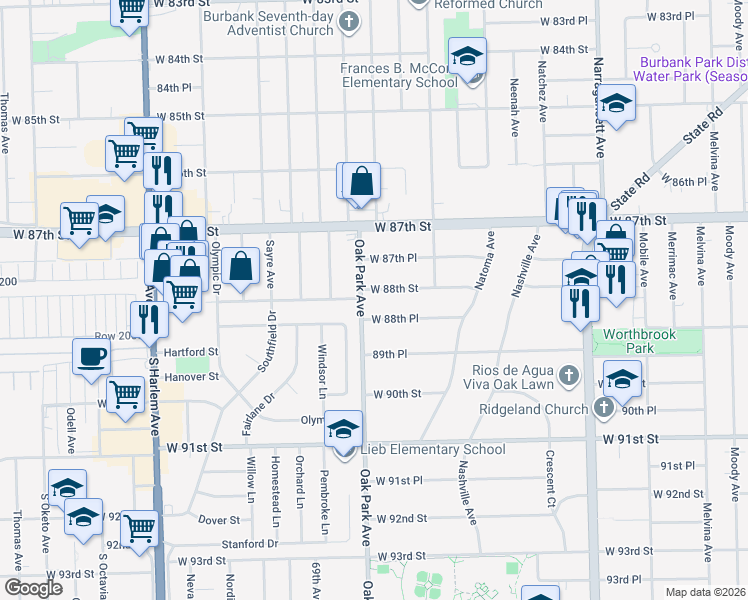 map of restaurants, bars, coffee shops, grocery stores, and more near 6755 West 88th Street in Oak Lawn