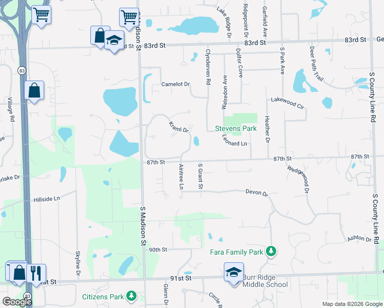 map of restaurants, bars, coffee shops, grocery stores, and more near 101 Kraml Drive in Burr Ridge