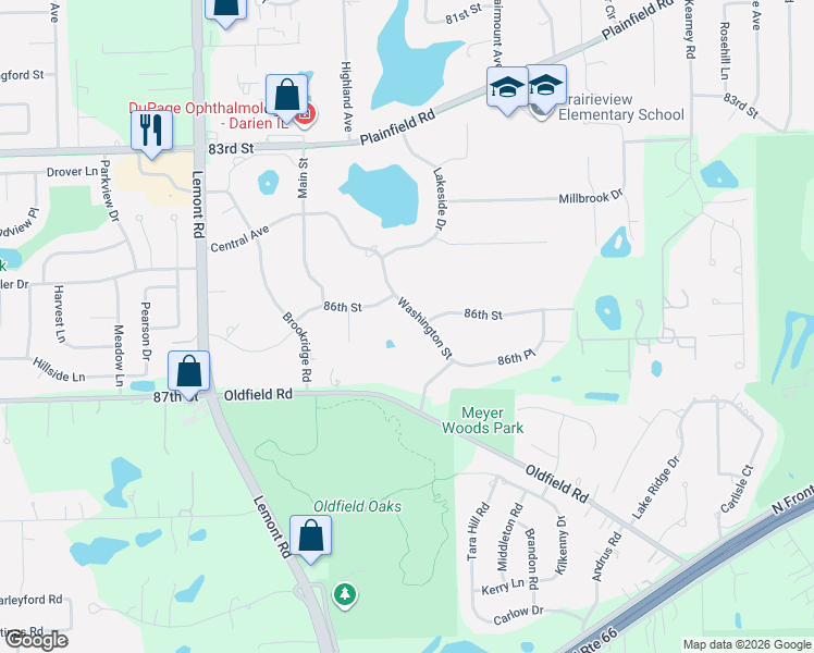 map of restaurants, bars, coffee shops, grocery stores, and more near 8588 Washington Street in Downers Grove