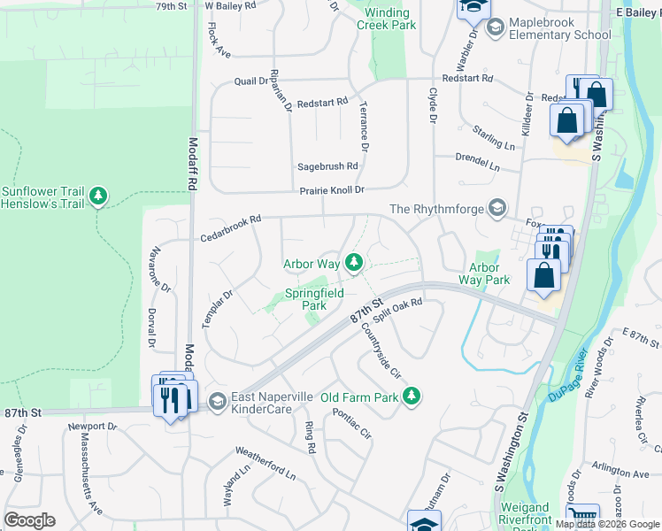 map of restaurants, bars, coffee shops, grocery stores, and more near 230 Ridgefield Lane in Naperville