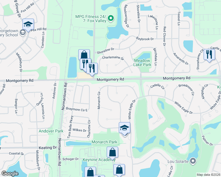 map of restaurants, bars, coffee shops, grocery stores, and more near 3523 Monarch Circle in Naperville