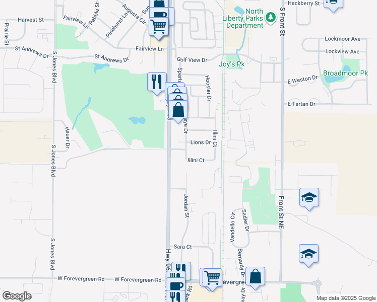map of restaurants, bars, coffee shops, grocery stores, and more near 2 Lions Drive in North Liberty