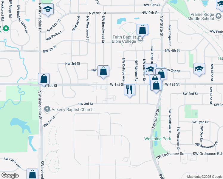 map of restaurants, bars, coffee shops, grocery stores, and more near 2103 West 1st Street in Ankeny