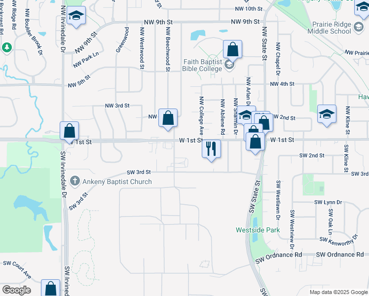map of restaurants, bars, coffee shops, grocery stores, and more near 2103 West 1st Street in Ankeny