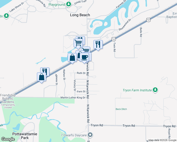 map of restaurants, bars, coffee shops, grocery stores, and more near 824 1/2 North Karwick Road in Michigan City